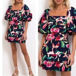 PatBO Laelia Midnight Floral Pleated Mini Puff Sleeve Mini Dress Size 4